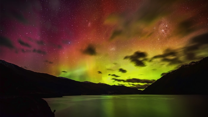 Aurora Australis over a lake in New Zealand