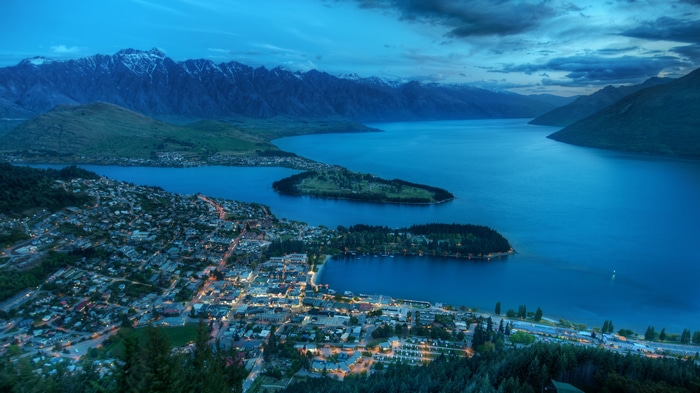 Queenstown New Zealand at Dusk with Mountains and Lake