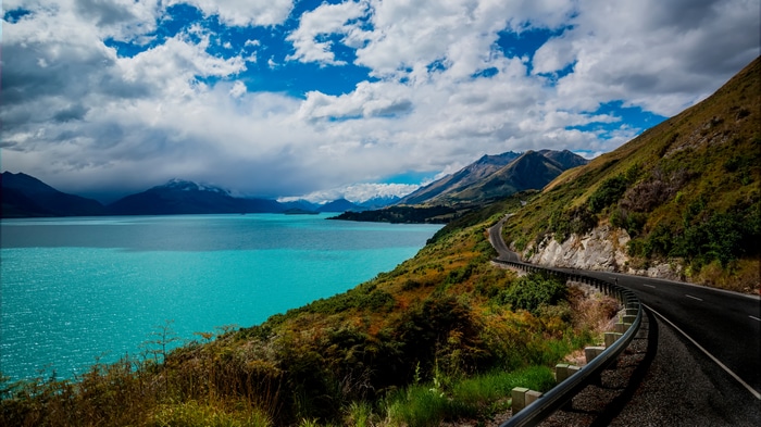 4K Landscape of a Road by a Turquoise Lake in New Zealand