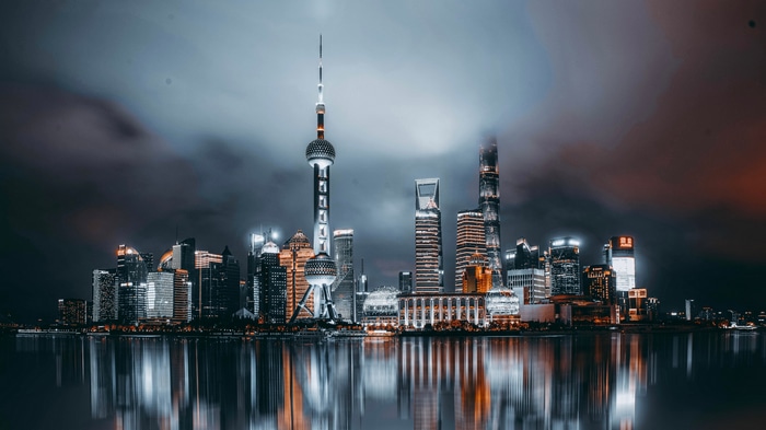 4K Shanghai skyline at night with reflections