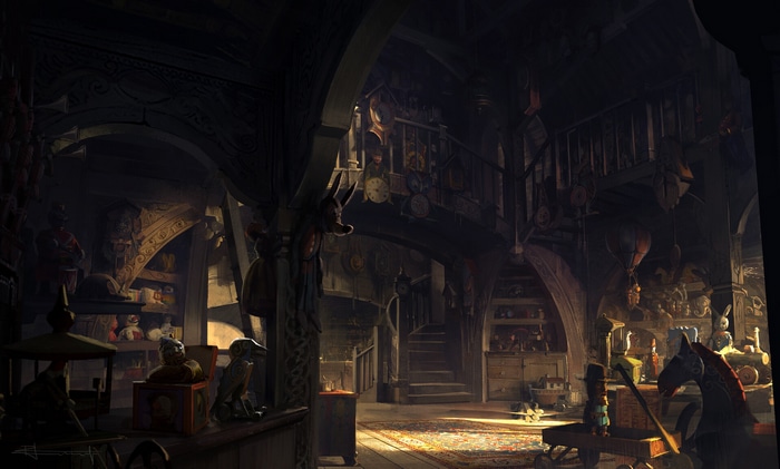 Interior of a cluttered toy shop with stairs and clocks