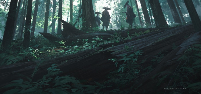 Samurai in a dense, sunlit forest