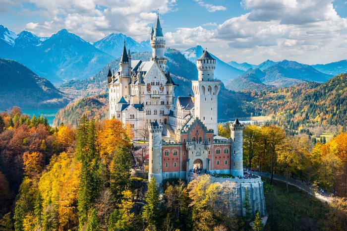 4K Neuschwanstein Castle in Fall Mountains, Germany