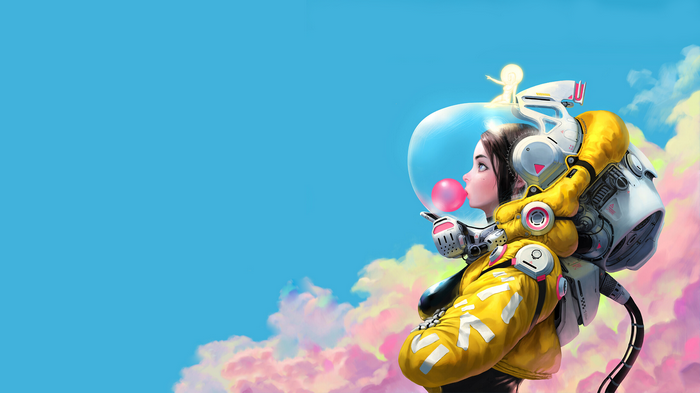 Girl in spacesuit blowing bubble gum with clouds