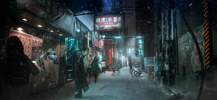 4K futuristic street market in winter with robots