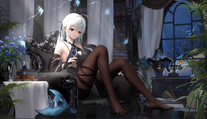 Skadi from Arknights holding a glass of wine