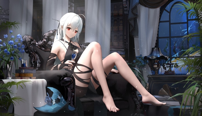 Skadi from Arknights holding a glass of wine