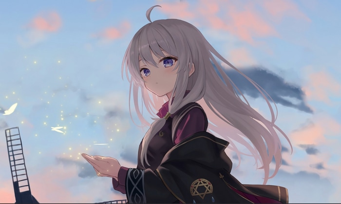Elaina with glowing particles and birds in the sky