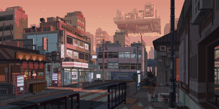 Futuristic pixel art city street with a floating building