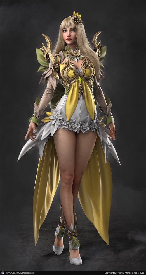 Fantasy art of a blonde woman in a yellow and white dress