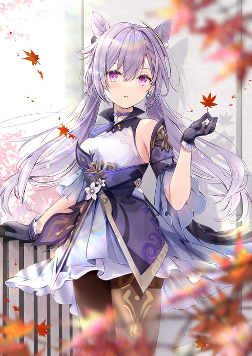 Keqing from Genshin Impact holding a maple leaf