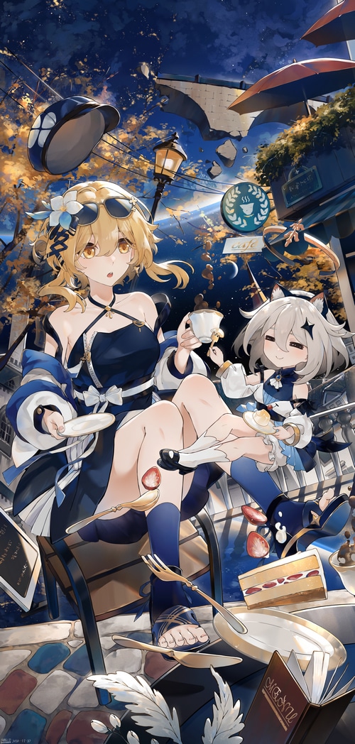 Lumine and Paimon at a cafe with cake