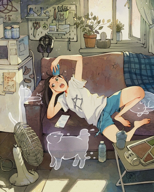 Girl with Ghost Cats on Couch