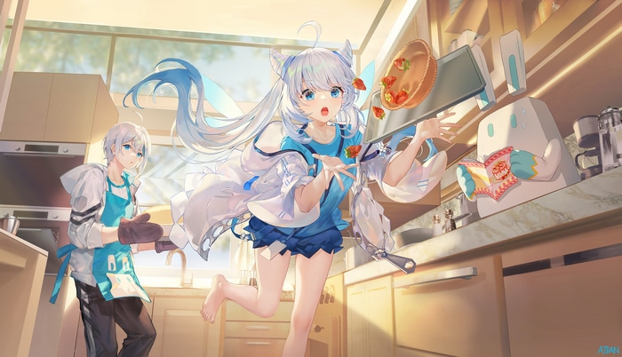 Anime characters baking strawberries in a kitchen