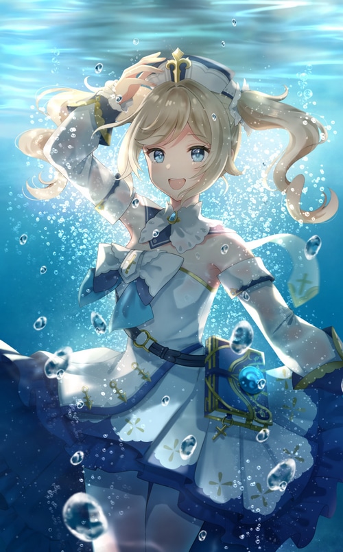 Barbara from Genshin Impact underwater with bubbles