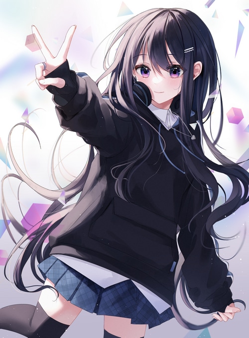 Anime girl with headphones and peace sign