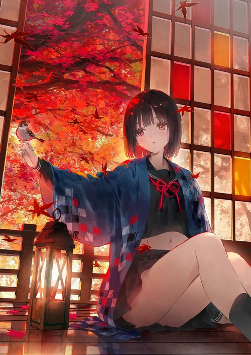 Anime girl with bird and falling leaves