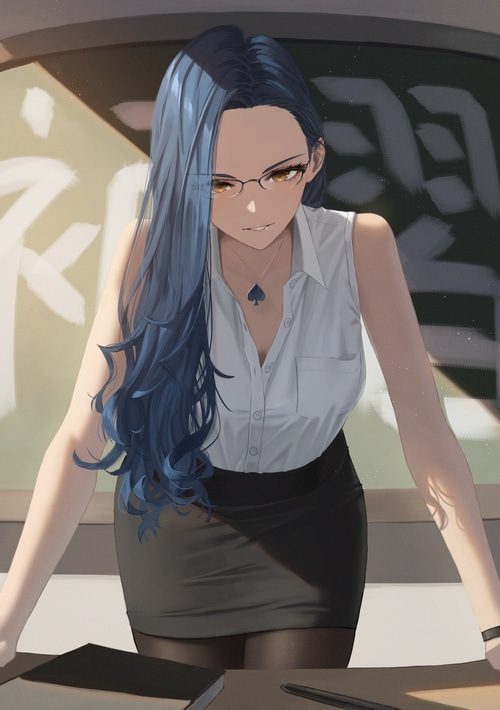 Woman with blue hair and glasses in a classroom