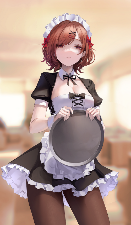 Maid holding a tray with red ribbons