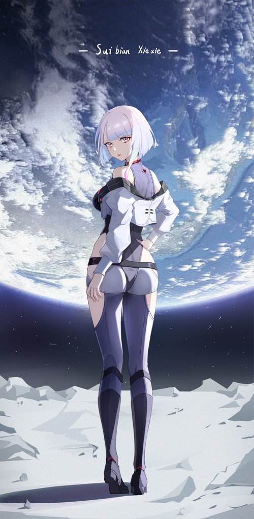Lucyna Kushinada on the Moon with Earth in the Background