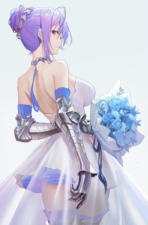 Azur Lane character in wedding dress holding blue flowers