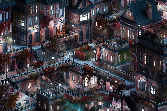 4K isometric maze of brick buildings and overgrown plants