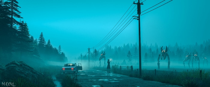 4K Futuristic Robots on a Misty Road