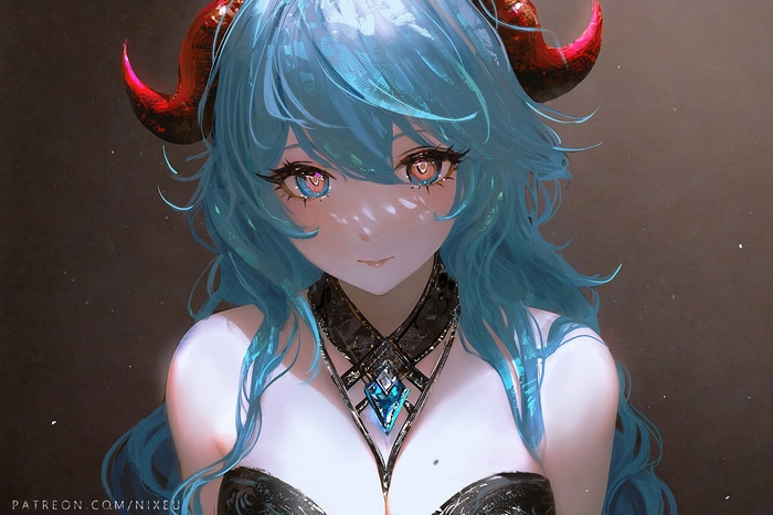 Ganyu from Genshin Impact with blue hair and horns