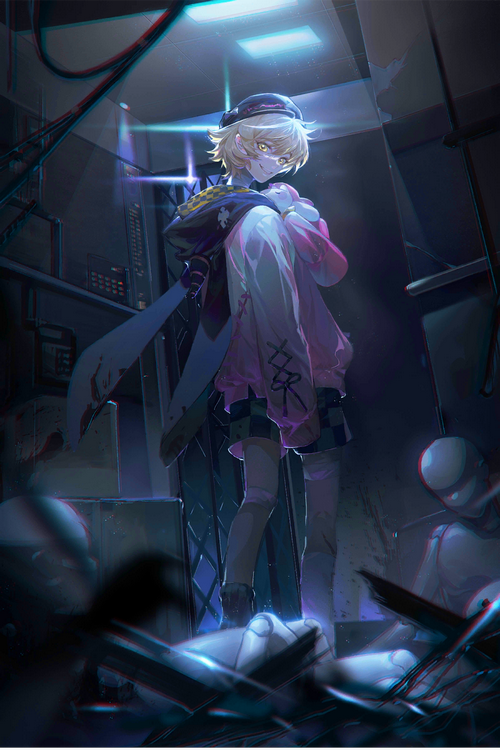 MBCC blonde girl with yellow eyes in a dark room
