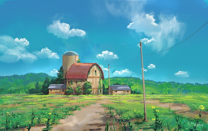 Farm landscape with silo and barn under a blue sky