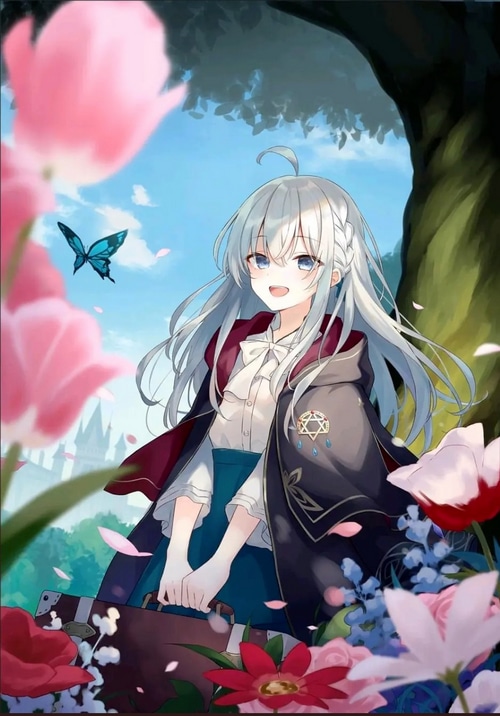 Anime girl Elaina with butterfly and flowers