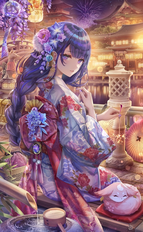 Raiden Shogun with flowers in hair and purple eyes