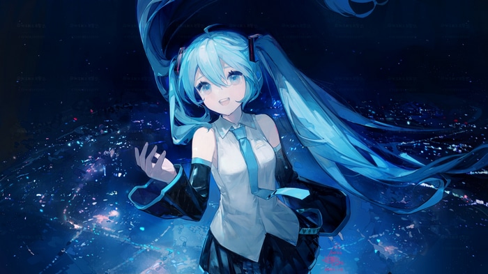 Hatsune Miku with blue twintails in a starry night