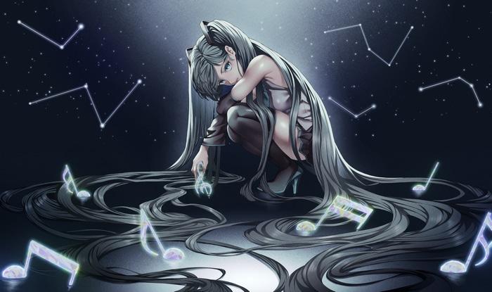 Hatsune Miku with musical notes under a starry sky