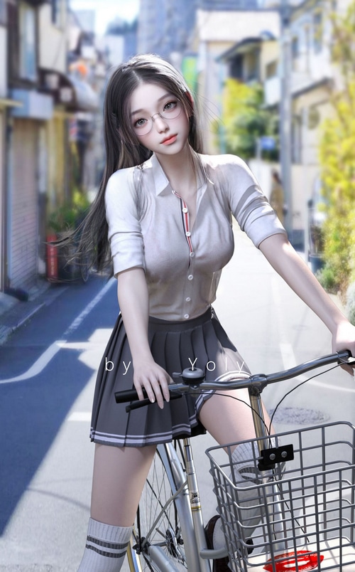 Yoly in a school uniform riding a bicycle