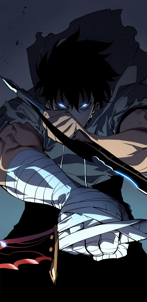 Sung Jin Woo with glowing blue eyes and a dagger
