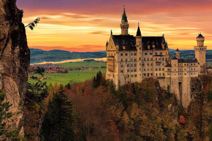 4K Neuschwanstein Castle at sunset in Germany