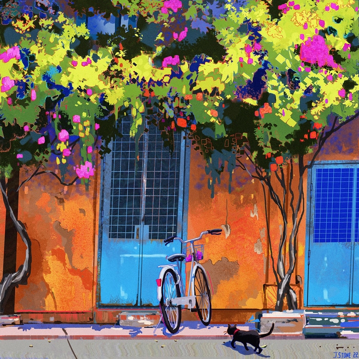 Black cat walks past a bicycle in front of a colorful building