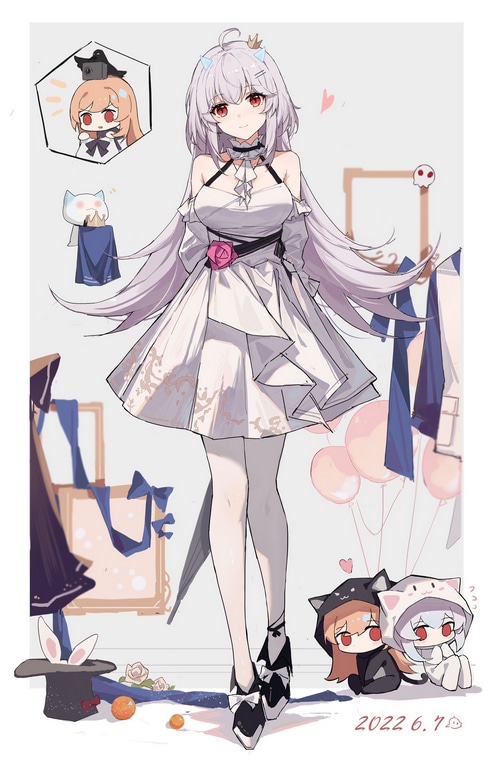 Anime girl with horns and red eyes in a white dress