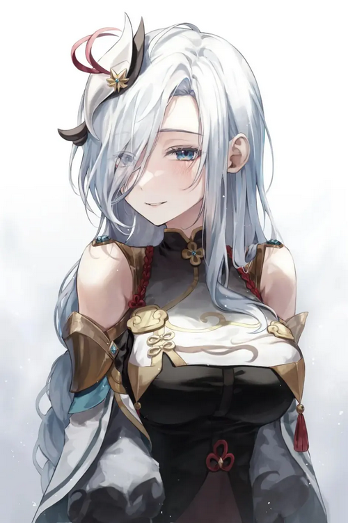 Shenhe from Genshin Impact with blue eyes and silver hair
