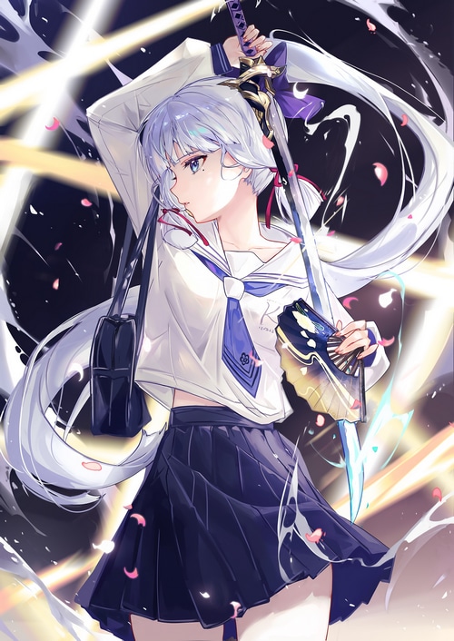 Kamisato Ayaka with sword and fan
