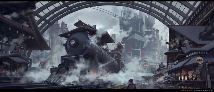Steam Train at a Steampunk City Station