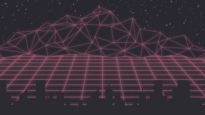 Vaporwave city skyline with neon grid and mountains