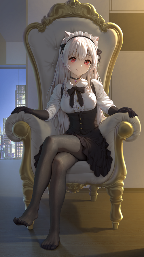 Anime Maid Girl with Cat Ears Sitting on a Throne