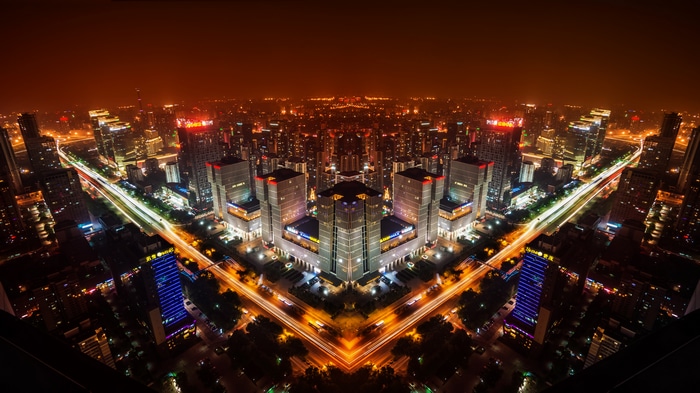 4K Mirrored Cityscape at Night in Beijing, China