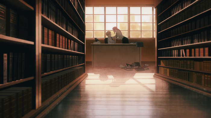 Makima and Denji in a library in Chainsaw Man