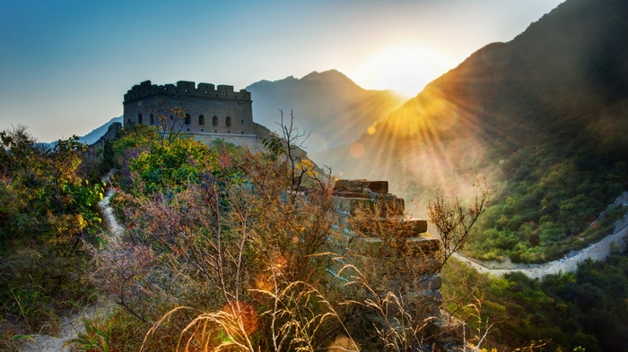 Great Wall of China with Sun and Mountains