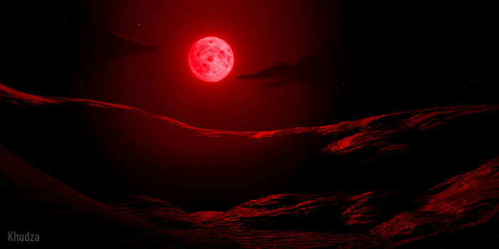 Blood Moon over a Dark, Red Desert Landscape