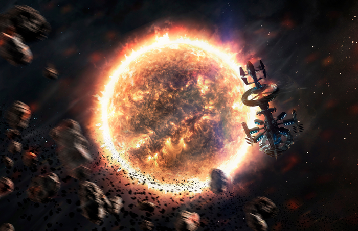 4K Science Fiction Space Station Near Sun