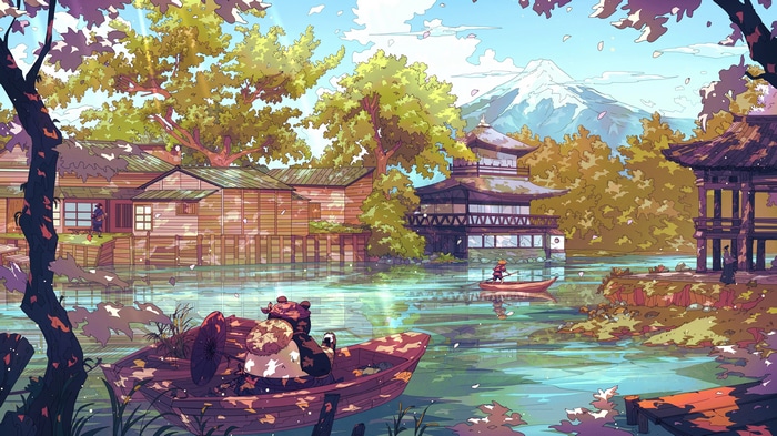 4K Asian town with Mount Fuji and a river